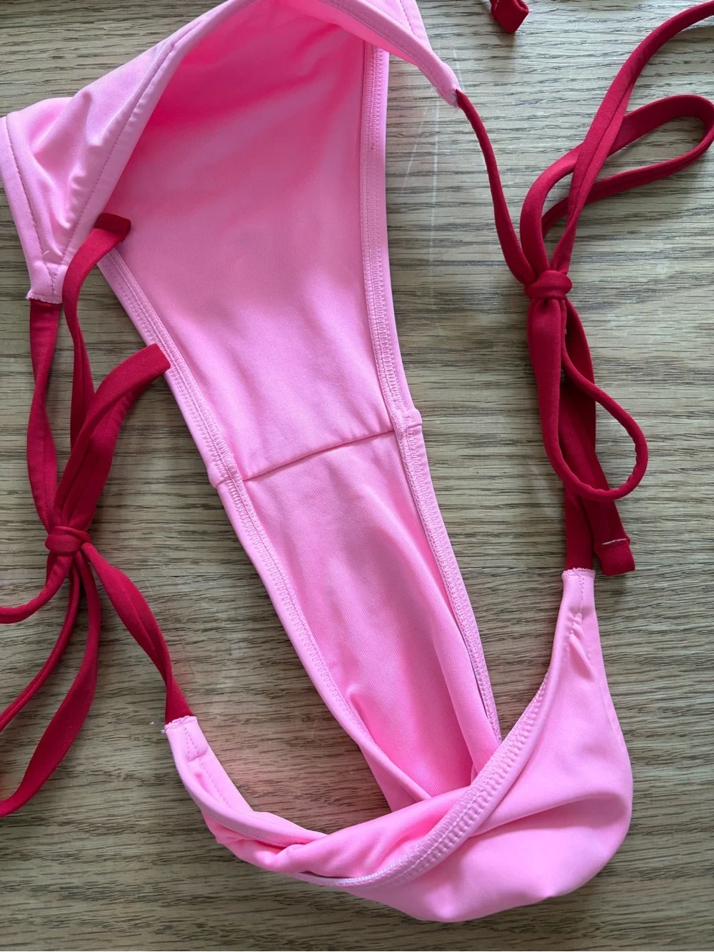 Frankie’s Bikinis Pink Triangle Bikini Set with Red Trim
